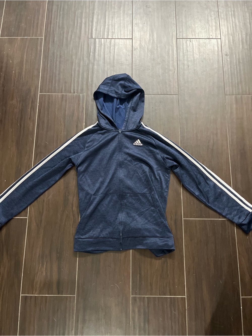 adidas Kids Navy Blue Hooded Zip-Up Jacket with White 3-Stripes